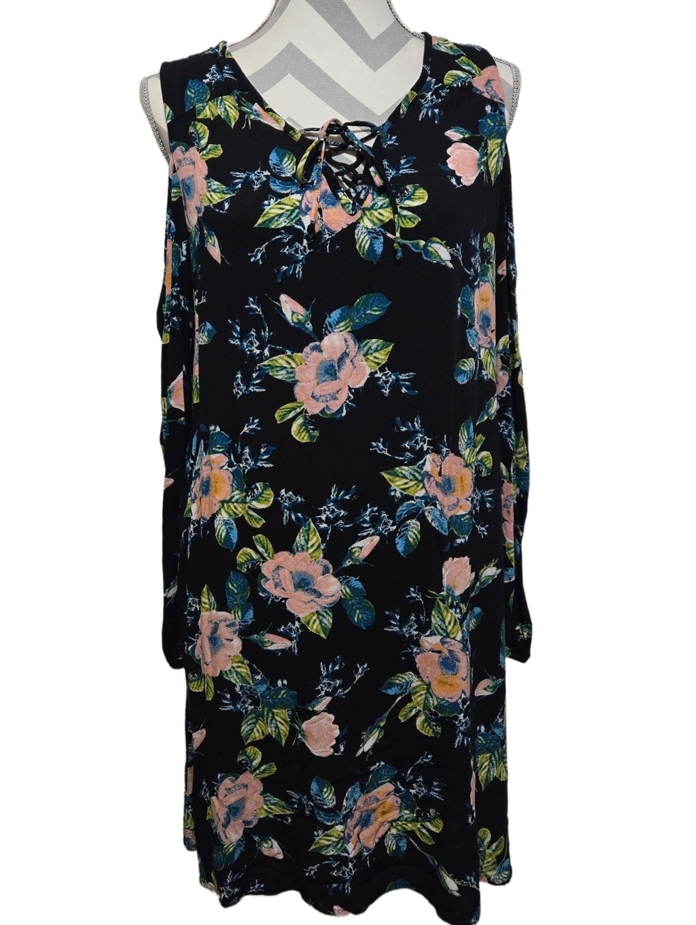 ​Xhilaration Boho Floral Cold Shoulder Dress Dark Navy Blue Lace Up V-Neck Large